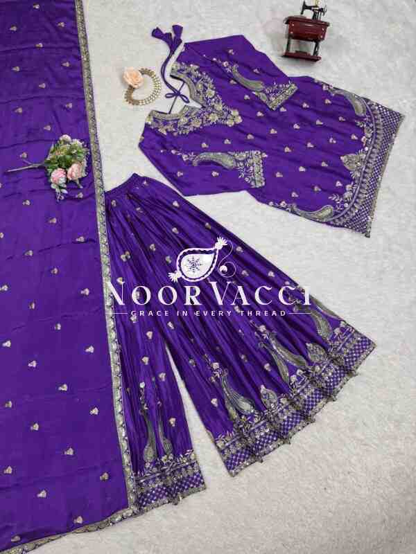 Chinon Silk Embroidered Plazo Set with Dupatta - Image 3
