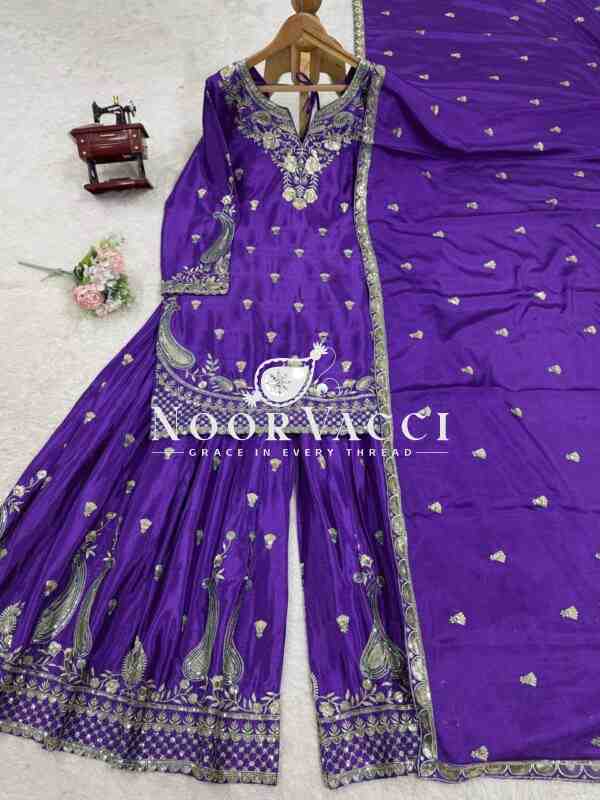 Chinon Silk Embroidered Plazo Set with Dupatta - Image 4