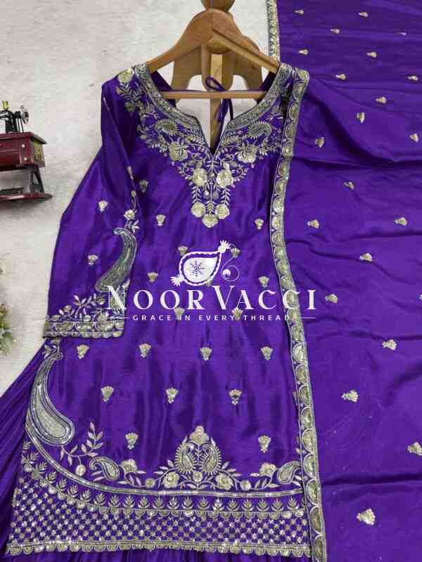 Chinon Silk Embroidered Plazo Set with Dupatta - Image 2