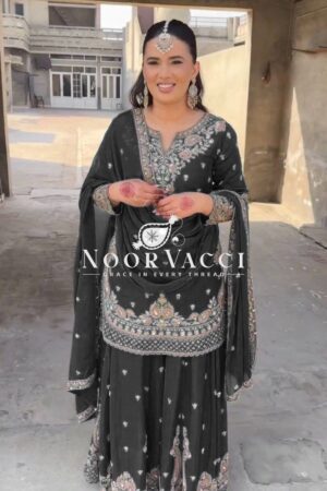 Shop Chinon Silk Embroidered Plazo Set with Dupatta