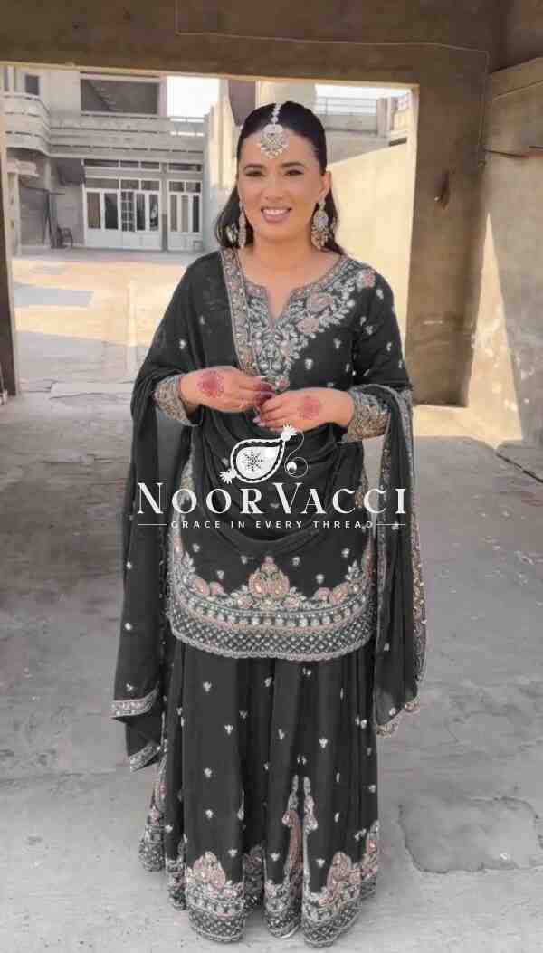 Chinon Silk Embroidered Plazo Set with Dupatta