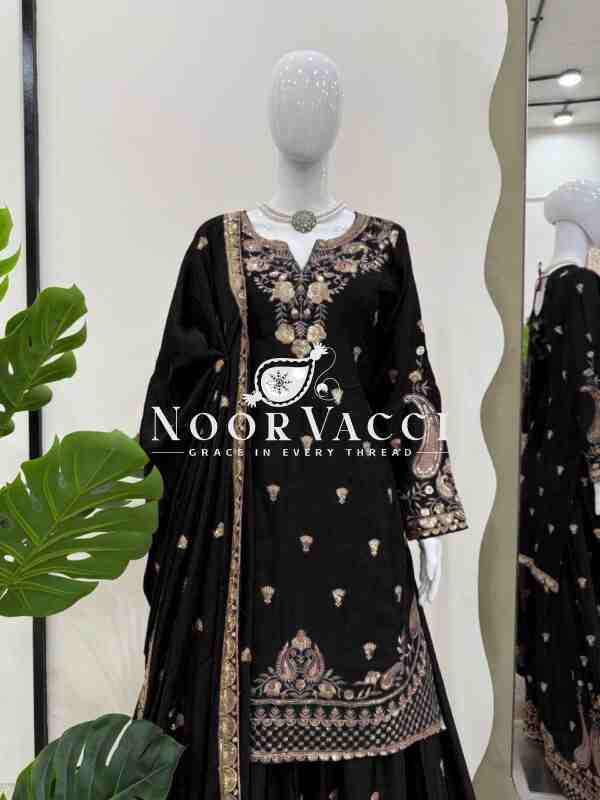 Chinon Silk Embroidered Plazo Set with Dupatta - Image 2