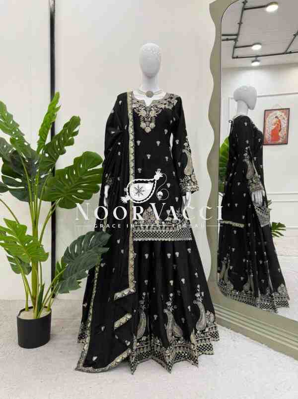 Chinon Silk Embroidered Plazo Set with Dupatta - Image 3