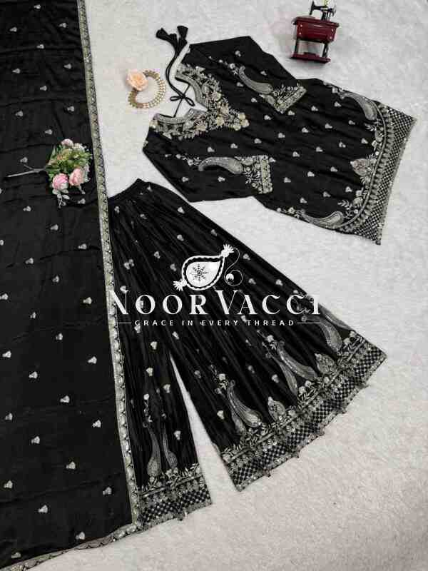 Chinon Silk Embroidered Plazo Set with Dupatta - Image 5