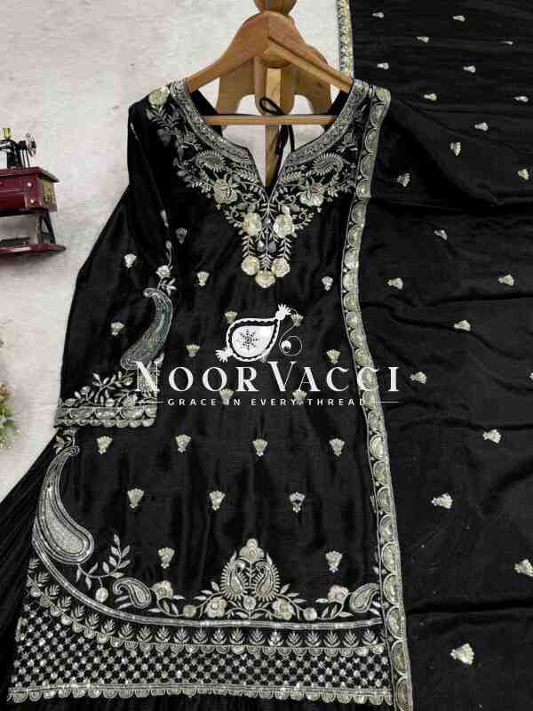 Chinon Silk Embroidered Plazo Set with Dupatta - Image 6