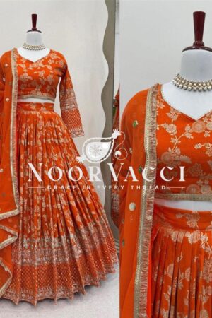 Shop Semi-Stitched Jacquard Lehenga with Sequin Embroidery & Fancy Georgette Dupatta