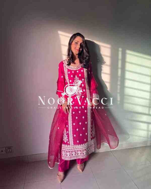 Cotton Chain Embroidered Top with Pant and Dupatta Set – Elegant Partywear