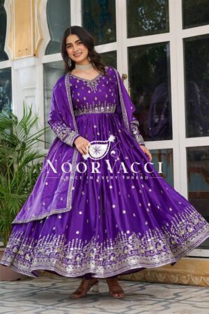 Shop American Silk Embroidered Gown Set with Dupatta and Pant