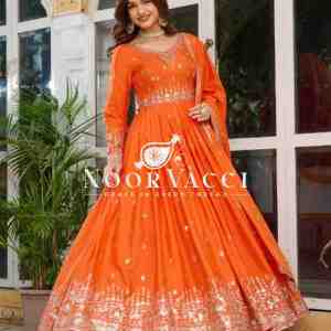 American Silk Embroidered Gown Set with Dupatta and Pant