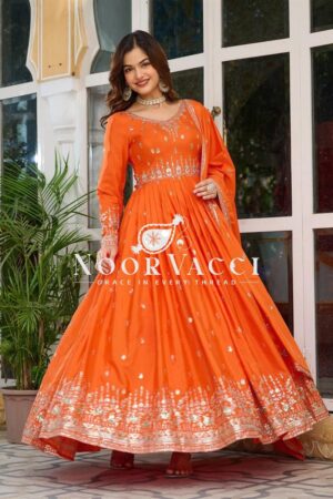 Buy American Silk Embroidered Gown Set with Dupatta and Pant