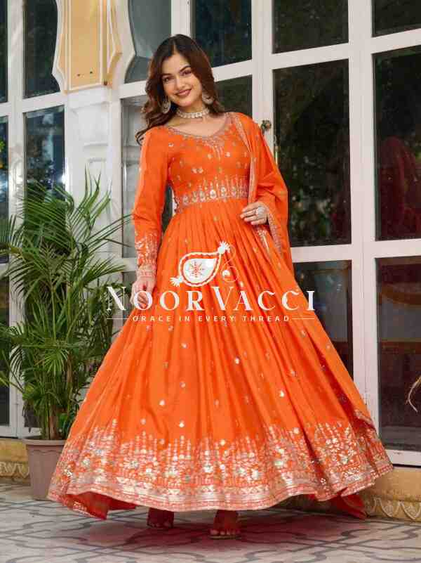 American Silk Embroidered Gown Set with Dupatta and Pant