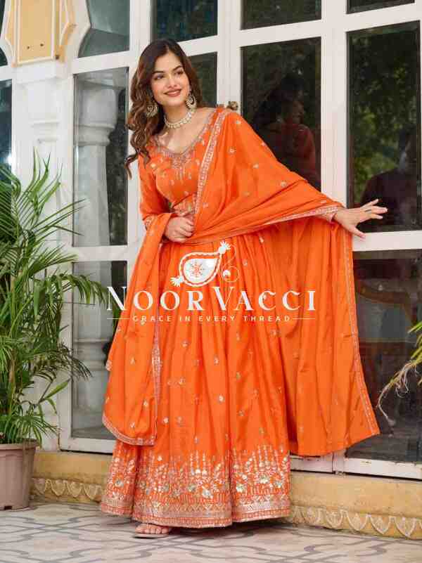 American Silk Embroidered Gown Set with Dupatta and Pant - Image 2