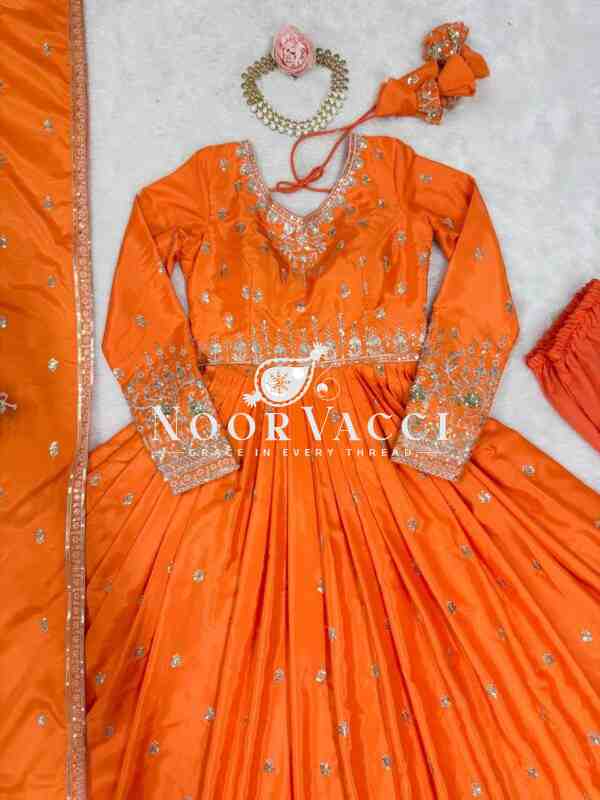American Silk Embroidered Gown Set with Dupatta and Pant - Image 5