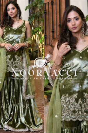 Shop Premium Velvet Sharara Suit with Moti Hand Work & Sequence Embroidery
