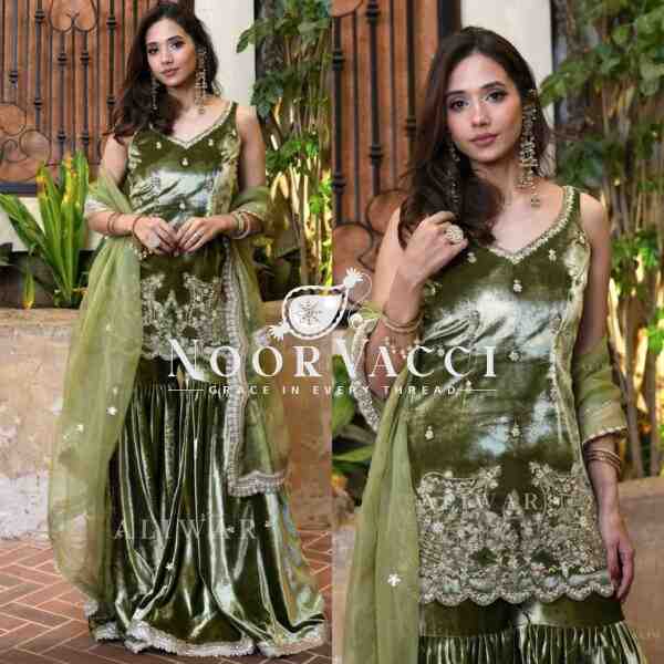 Premium Velvet Sharara Suit with Moti Hand Work & Sequence Embroidery