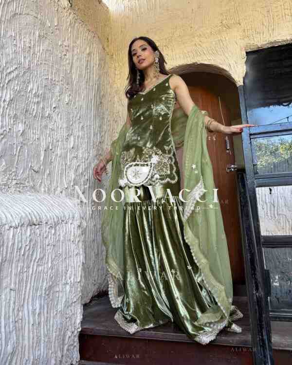 Premium Velvet Sharara Suit with Moti Hand Work & Sequence Embroidery - Image 2
