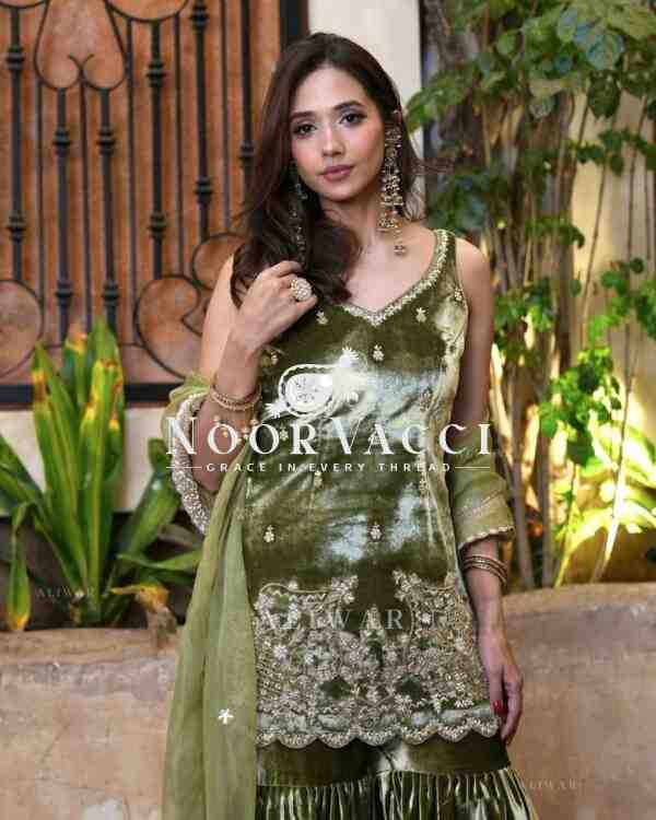 Premium Velvet Sharara Suit with Moti Hand Work & Sequence Embroidery - Image 3