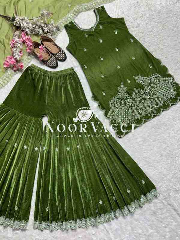 Premium Velvet Sharara Suit with Moti Hand Work & Sequence Embroidery - Image 5