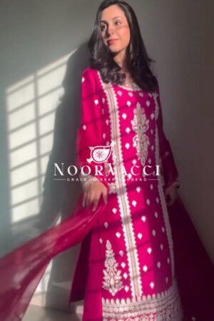 Shop Roman Silk Plazo Set with Organza Dupatta and Chinestich Detailing