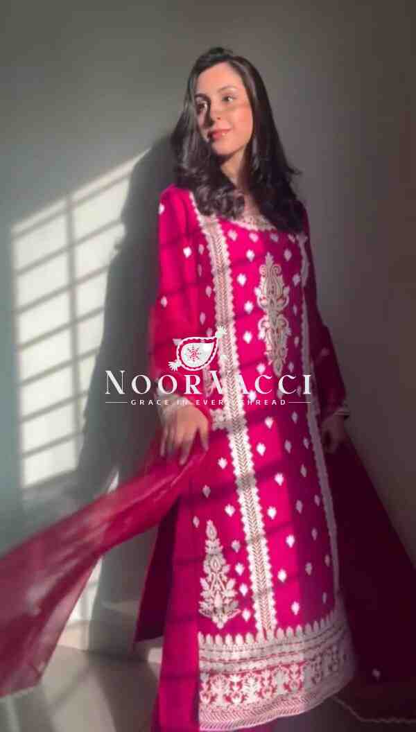 Roman Silk Plazo Set with Organza Dupatta and Chinestich Detailing