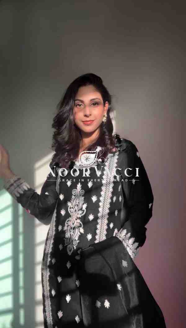 Roman Silk Plazo Set with Organza Dupatta and Chinestich Detailing - Image 2