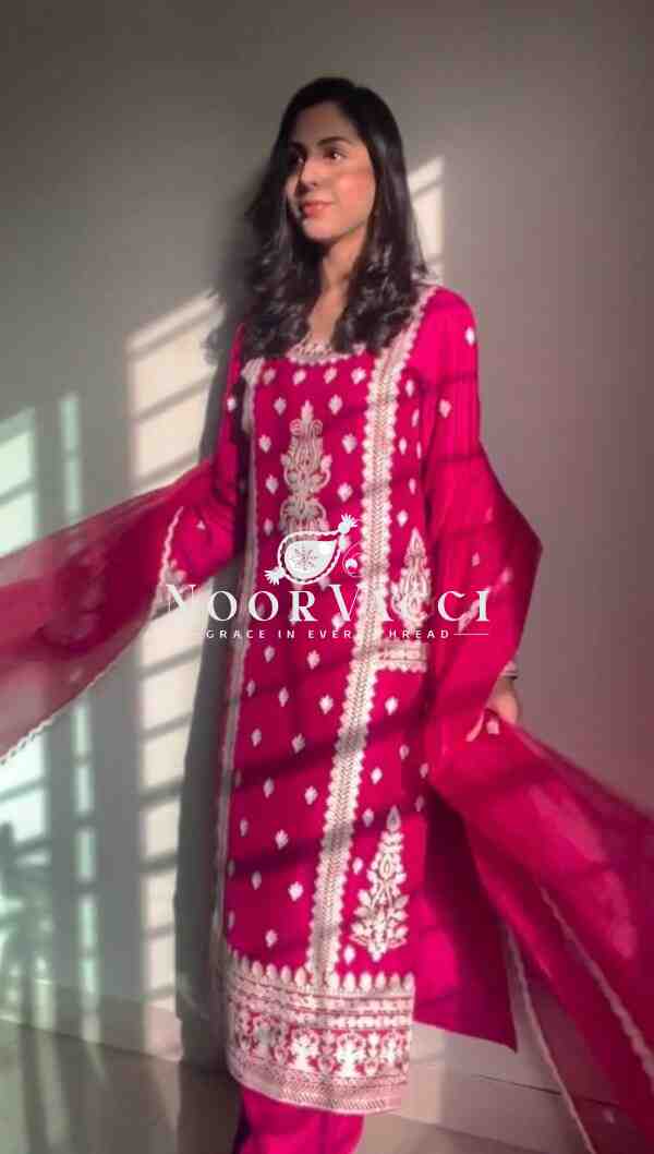 Roman Silk Plazo Set with Organza Dupatta and Chinestich Detailing - Image 3