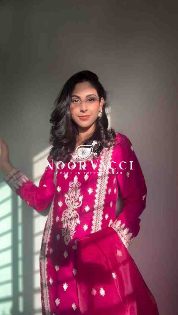 Roman Silk Plazo Set with Organza Dupatta and Chinestich Detailing - Image 2