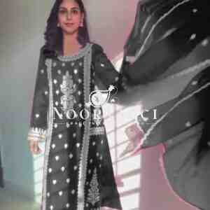 Roman Silk Plazo Set with Organza Dupatta and Chinestich Detailing