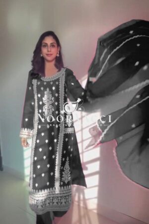 Buy Roman Silk Plazo Set with Organza Dupatta and Chinestich Detailing