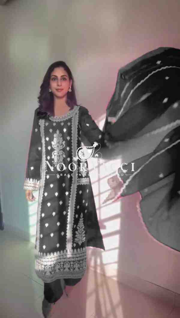 Roman Silk Plazo Set with Organza Dupatta and Chinestich Detailing
