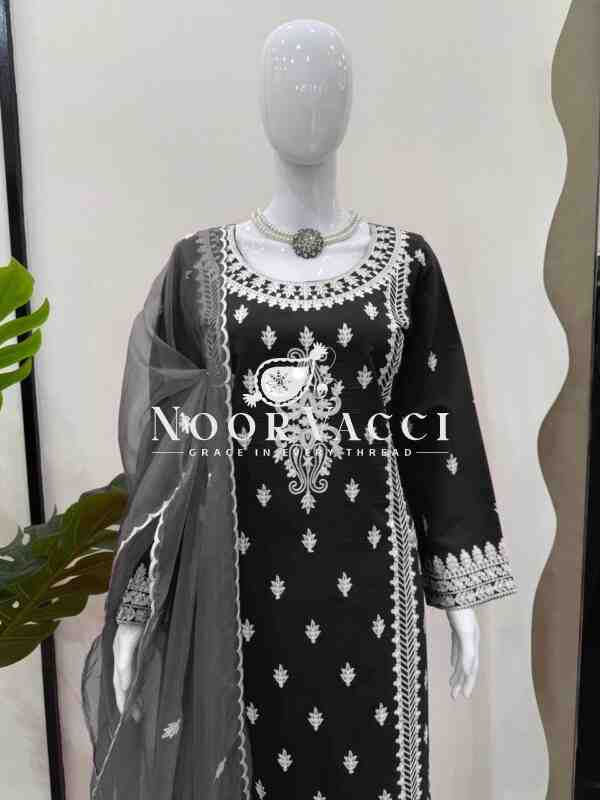 Roman Silk Plazo Set with Organza Dupatta and Chinestich Detailing - Image 9