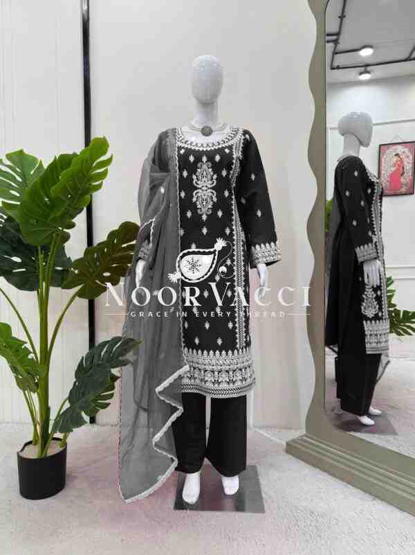 Roman Silk Plazo Set with Organza Dupatta and Chinestich Detailing - Image 3