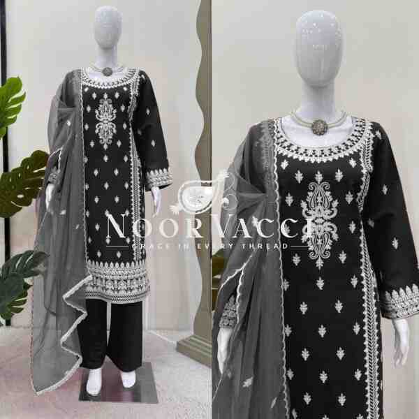 Roman Silk Plazo Set with Organza Dupatta and Chinestich Detailing - Image 4
