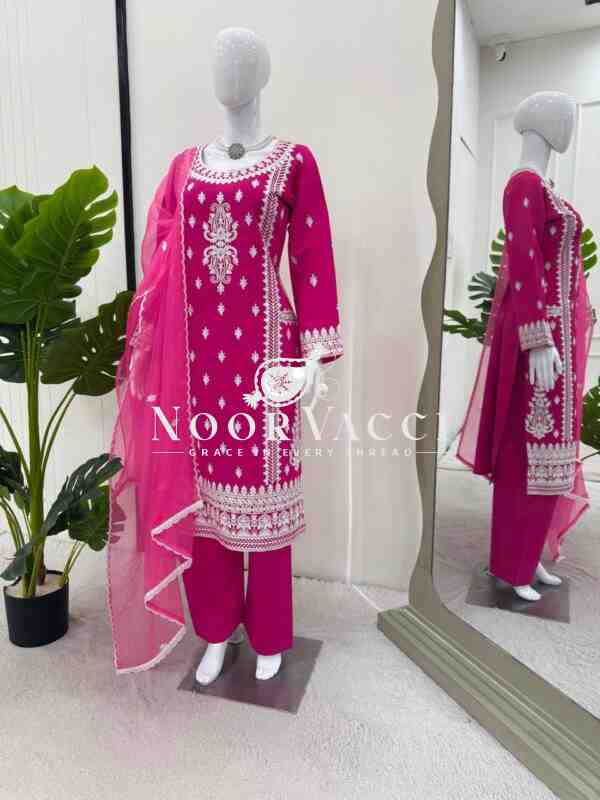 Roman Silk Plazo Set with Organza Dupatta and Chinestich Detailing - Image 5