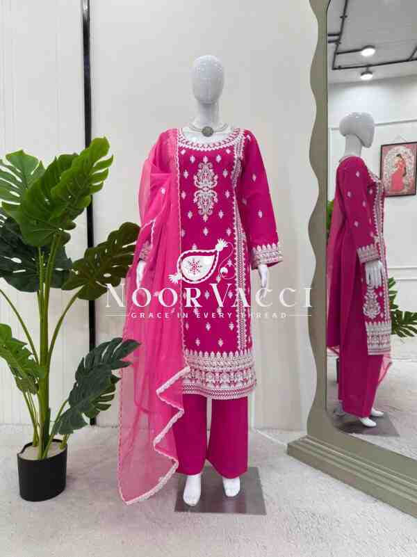 Roman Silk Plazo Set with Organza Dupatta and Chinestich Detailing - Image 4