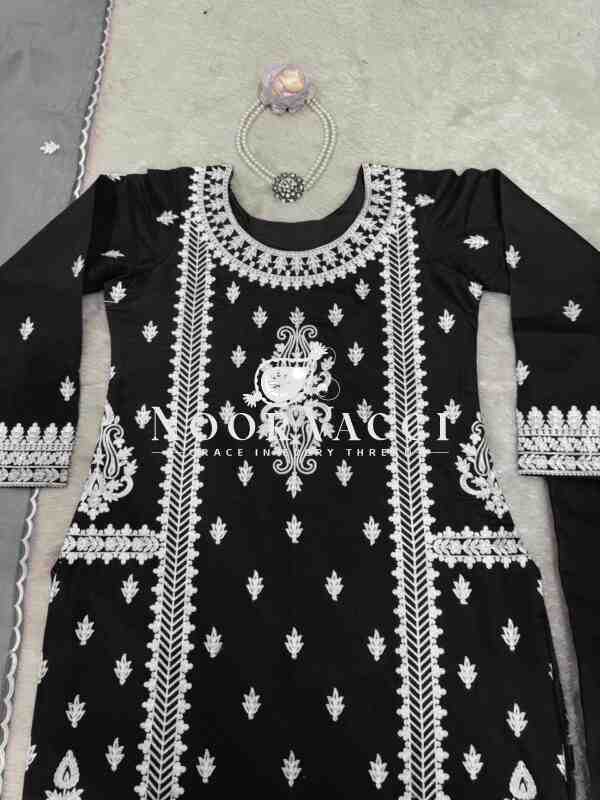Roman Silk Plazo Set with Organza Dupatta and Chinestich Detailing - Image 7
