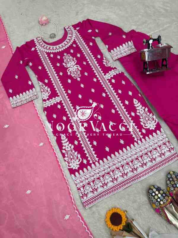 Roman Silk Plazo Set with Organza Dupatta and Chinestich Detailing - Image 7