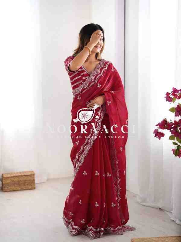 Jimmy Chu Embroidered Saree with Matching Unstitched Blouse - Image 5