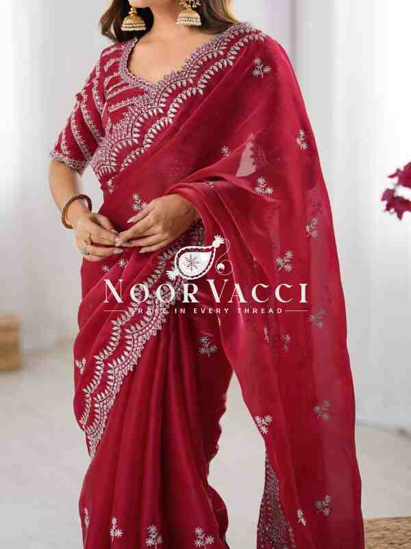 Jimmy Chu Embroidered Saree with Matching Unstitched Blouse - Image 2