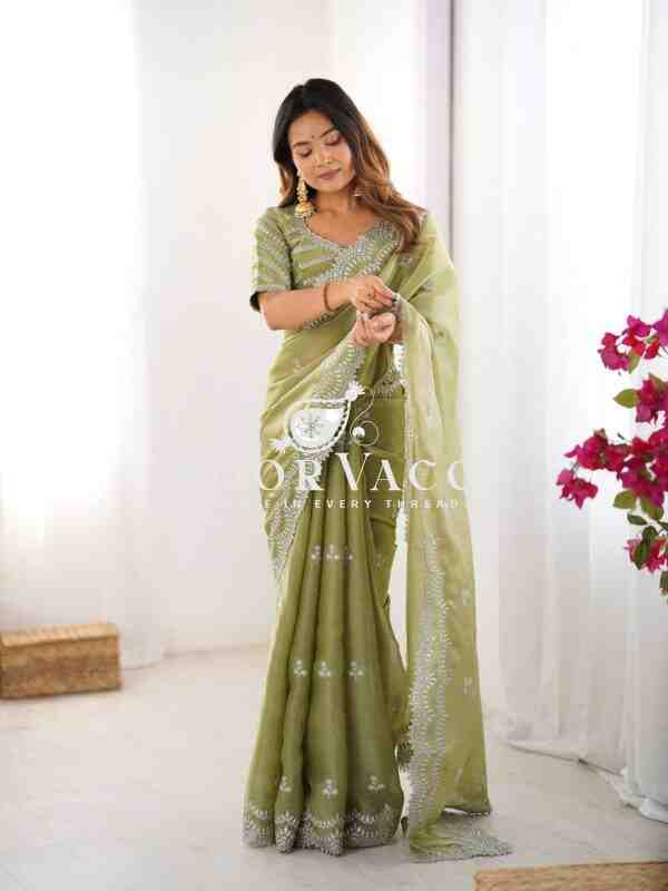 Jimmy Chu Embroidered Saree with Matching Unstitched Blouse