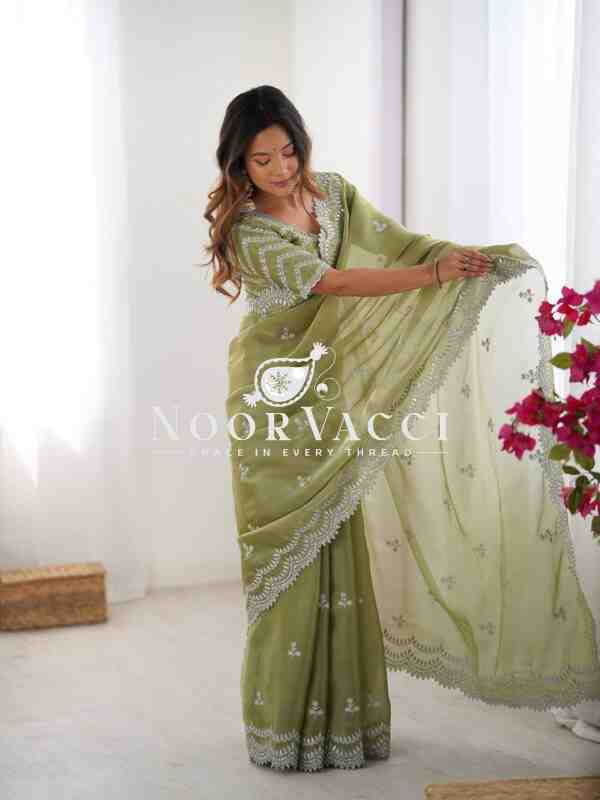 Jimmy Chu Embroidered Saree with Matching Unstitched Blouse - Image 3