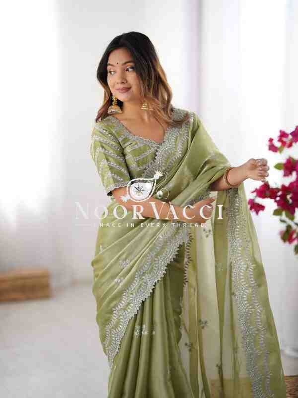 Jimmy Chu Embroidered Saree with Matching Unstitched Blouse - Image 2