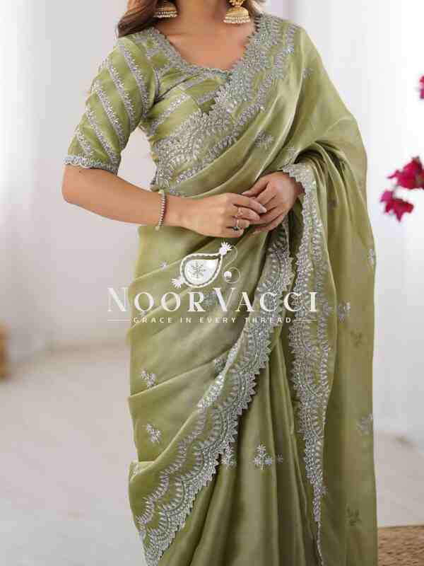 Jimmy Chu Embroidered Saree with Matching Unstitched Blouse - Image 5