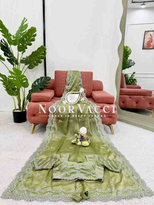 Jimmy Chu Embroidered Saree with Matching Unstitched Blouse - Image 6