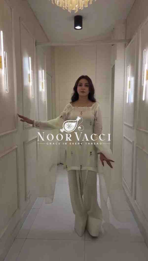 Chinnon Silk Embroidered Top with Farshi Pent and Organza Silk Dupatta – Ready to Wear - Image 3