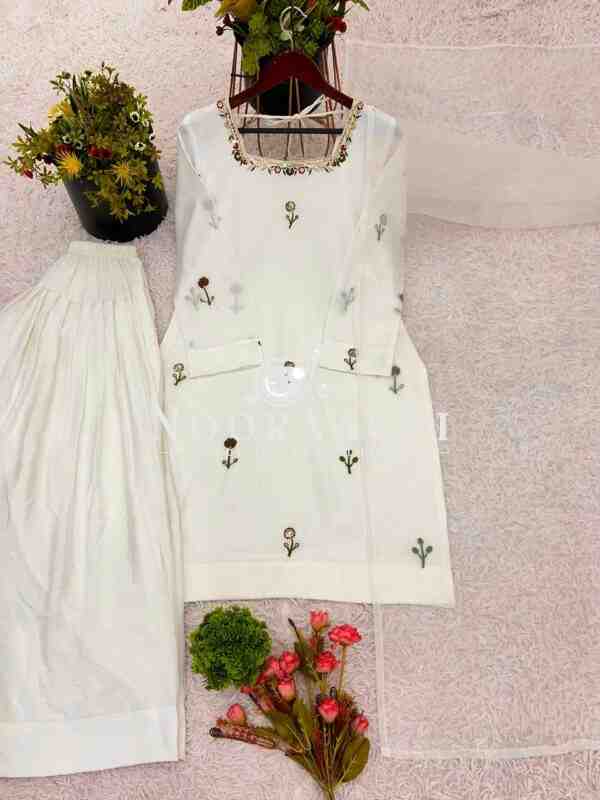 Chinnon Silk Embroidered Top with Farshi Pent and Organza Silk Dupatta – Ready to Wear - Image 5