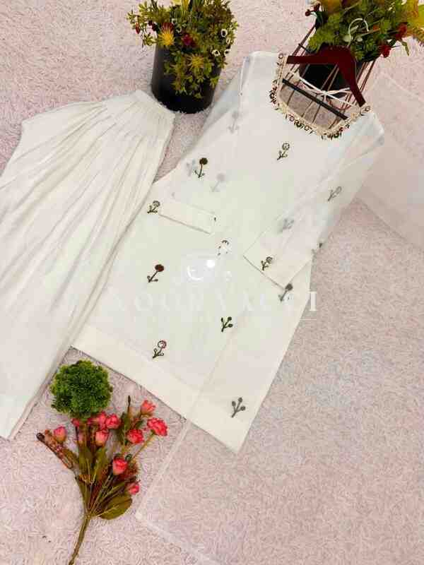 Chinnon Silk Embroidered Top with Farshi Pent and Organza Silk Dupatta – Ready to Wear - Image 6