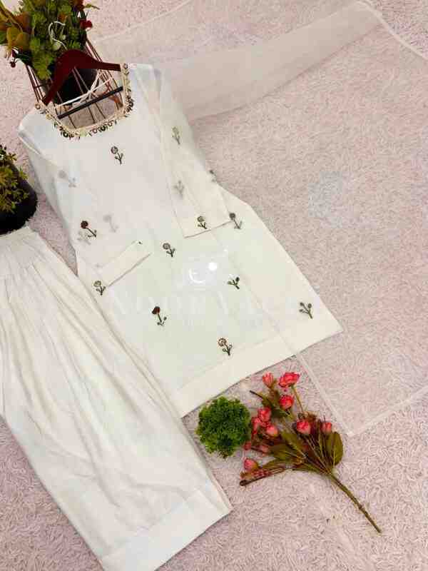 Chinnon Silk Embroidered Top with Farshi Pent and Organza Silk Dupatta – Ready to Wear - Image 7