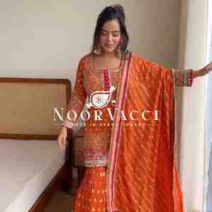 Faux Georgette Embroidered Plazo Suit with Lace Cutwork Dupatta