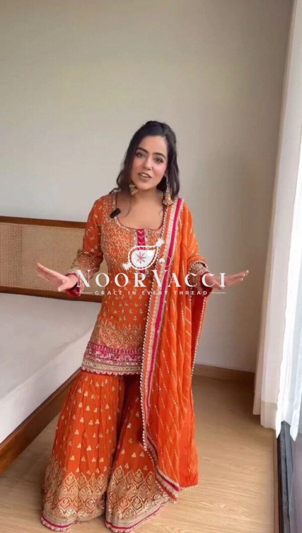 Shop Faux Georgette Embroidered Plazo Suit with Lace Cutwork Dupatta - Image 2